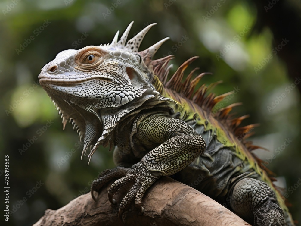 Fototapeta premium A side view of an iguana on a tree, showing its long tail and sharp claws