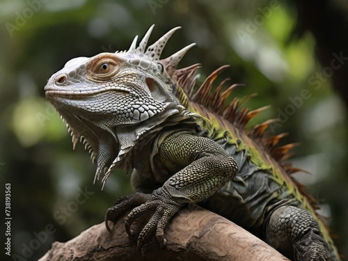 A side view of an iguana on a tree  showing its long tail and sharp claws