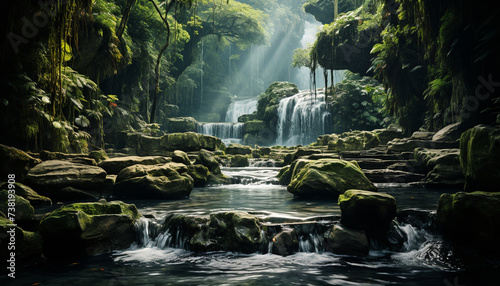Freshness of flowing water in tropical rainforest  a tranquil scene generated by AI