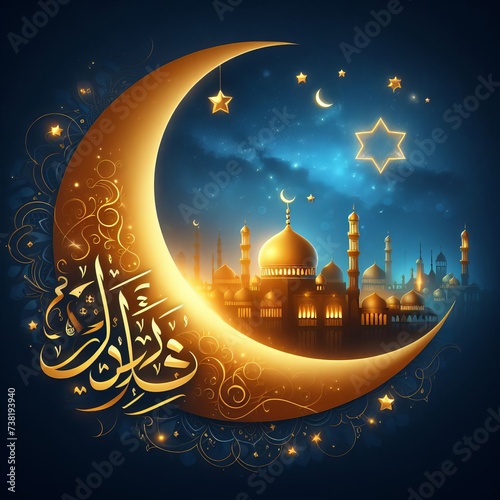 Ramadan Mubarak with a mosque background