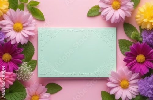 On a light pink background, framed spring flowers in delicate shades with bright accents. Advertising banner concept, invitation for Mother's Day, Valentine's Day, wedding day. Copy space