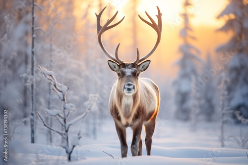 Closeup of a reindeer in a winter forest with trees covered in snow © Tarun