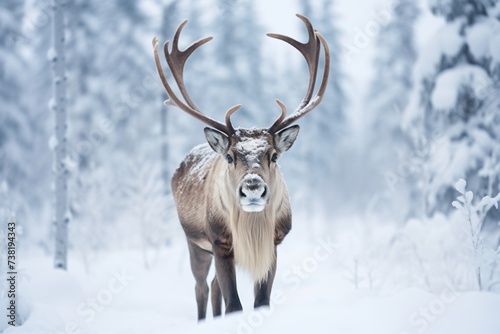 Closeup of a reindeer in a winter forest with trees covered in snow