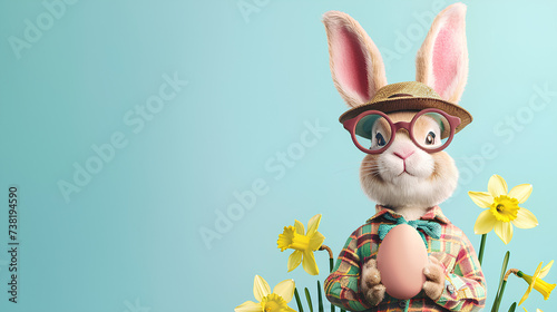 Easter bunny with an easter egg and daffodils on a pastel background with copyspace