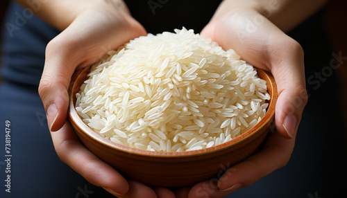 One person holding a bowl of healthy organic basmati rice generated by AI © djvstock