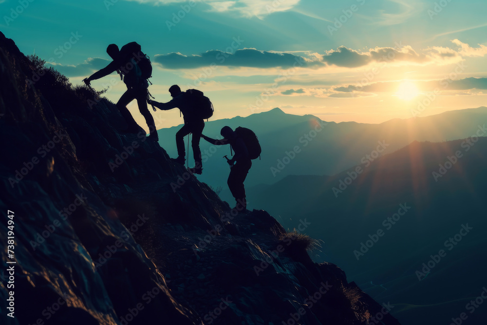 A group of hikers team with backpacks helping each other hike up a mountain. Adventurous lifestyle. Teamwork concept. - obrazy, fototapety, plakaty 