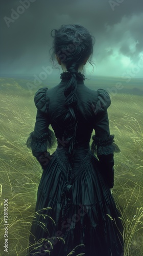 woman black dress standing field braids back trailing off horizon nineteenth century hillside skies looking out sea photo