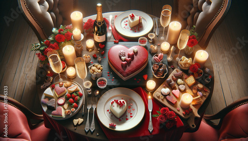 Intimate Valentine’s Day Dinner Table with Heart-Themed Decor and Candlelight