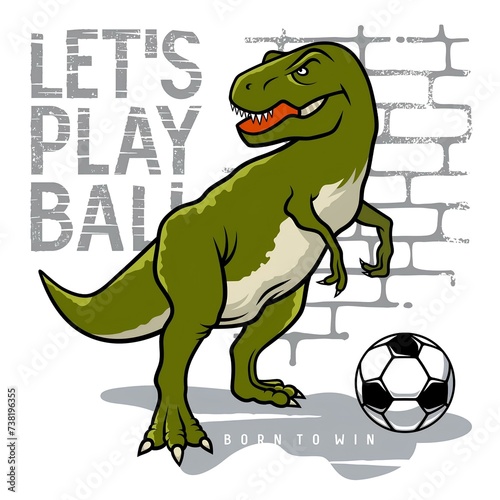 Dinosaur vector illustration and slogan typography for child t-shirt design. Tyrannosaur playing football or soccer ball. Athletic graphic tee