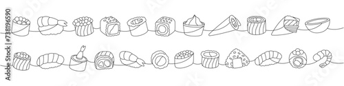 Sushi and rolls set. Japanese traditional food one line drawing. Ikura sushi, tobiko maki, philadelphia roll, onigiri, shrimp nigiri, tekkamaki tuna