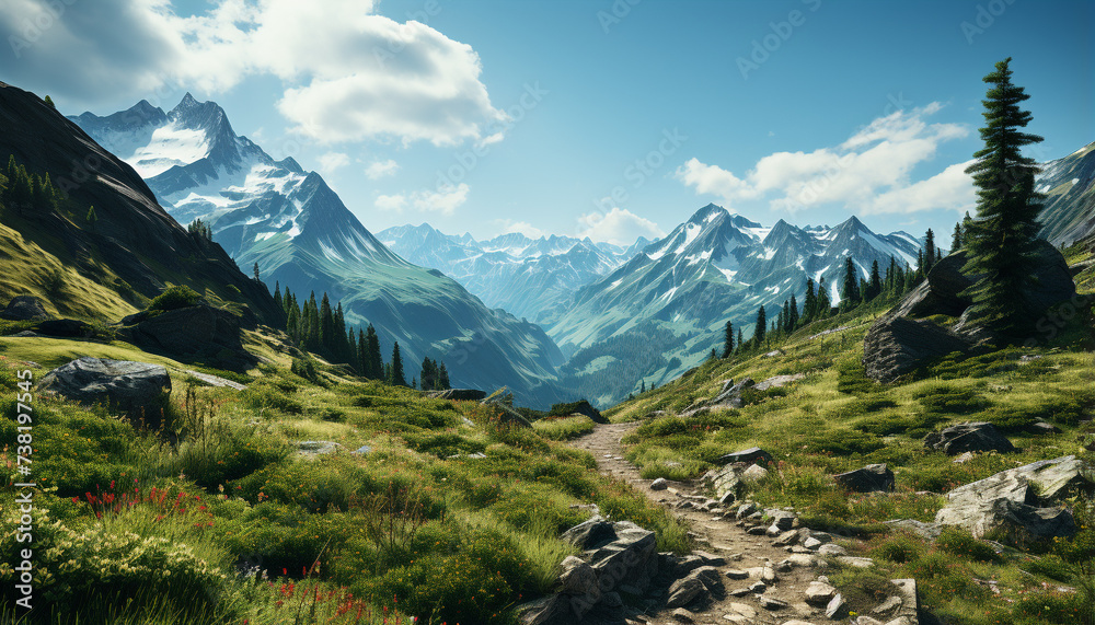 Majestic mountain peak, green meadow, tranquil footpath, breathtaking landscape generated by AI