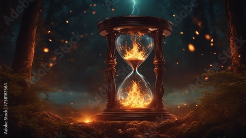 hourglass with burning candle highly intricately photograph of An illustration of burning fire inside a hourglass, surrounded 