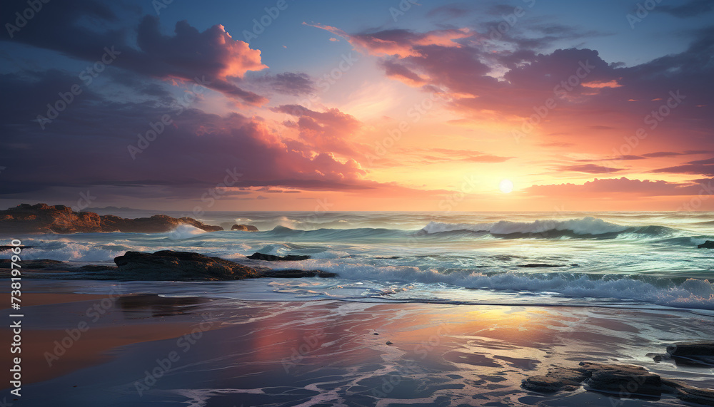 Sunset over the tranquil water, nature beauty in a horizon generated by AI Sunset over the tranquil water, nature beauty in a horizon generated by AI