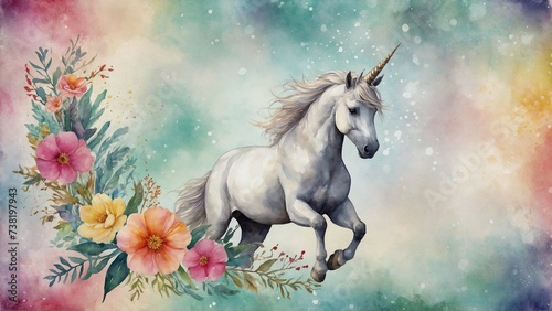 watercolour unicorn with colorful flowers, background with shabby chic look style, design for cards crafting