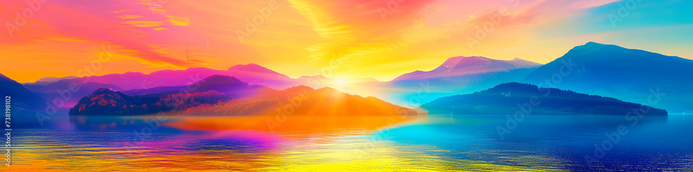 sunset over the mountains. water reflections. calming landscape.