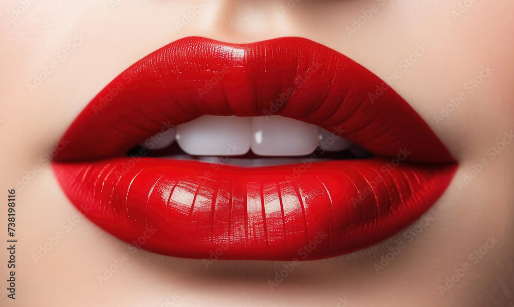 Obraz premium Red shiny lips closeup. Red lipstick make up.