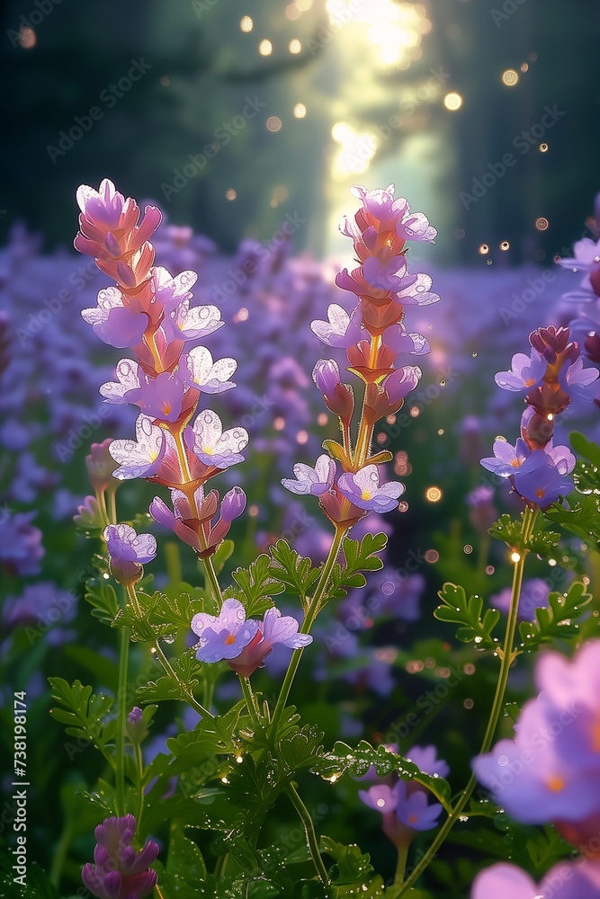 Obraz premium purple flowers field sun shining background gentle sparkling forest stream depicting flower princess scattered glowing pink fireflies final fragrant plants