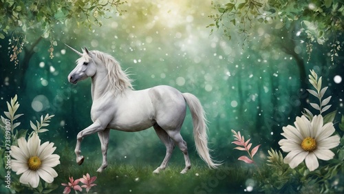 magical unicorn among green forest with flowers, background with bokeh effect, design for cards crafting