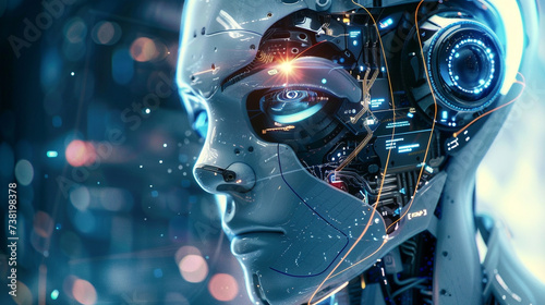 Robotique Cosmique : Tête dans Galaxie Futuriste. Une tête de robot au sein d'une galaxie futuriste, où les réseaux de neurones s'entremêlent. Les connexions complexes en constante évolution.