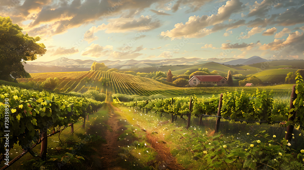 Light summer landscape with fields with vegetable gardens and trees,,
A painting of a vineyard with a sunset in the background.
