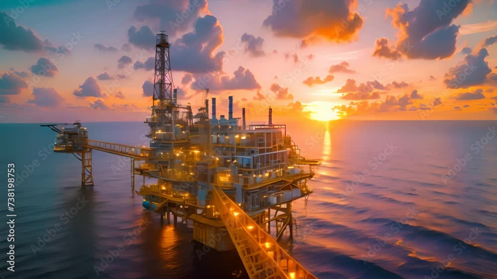 Oil rig in the middle of the sea during sunset Oil rig in the middle of the sea during sunset