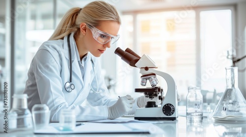 Female medic using microscope for analysis in laboratory with blurred background and text space