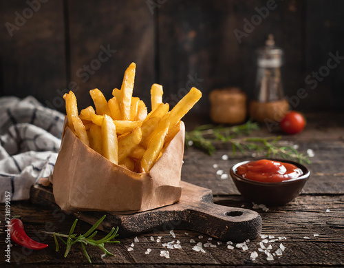 French fries with ketchup and rosemary on a dark wooden background