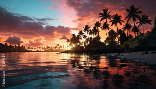 Tranquil sunset over tropical coastline  reflecting beauty in nature generated by AI