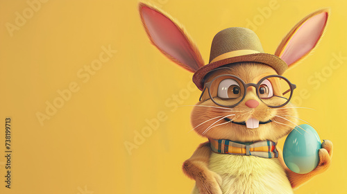 Easter bunny with easter egg on a pastel background with copyspace, poster background for easter 2024