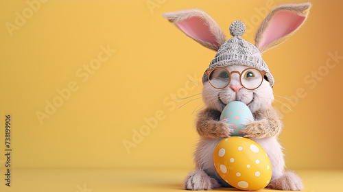 Easter bunny with easter egg on a pastel background with copyspace, poster background for easter 2024