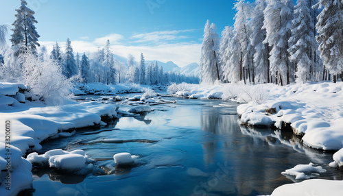 Winter landscape snow covered forest, frozen lake, tranquil beauty generated by AI