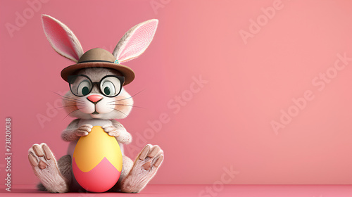 Easter bunny with easter egg on a pastel background with copyspace, poster background for easter 2024