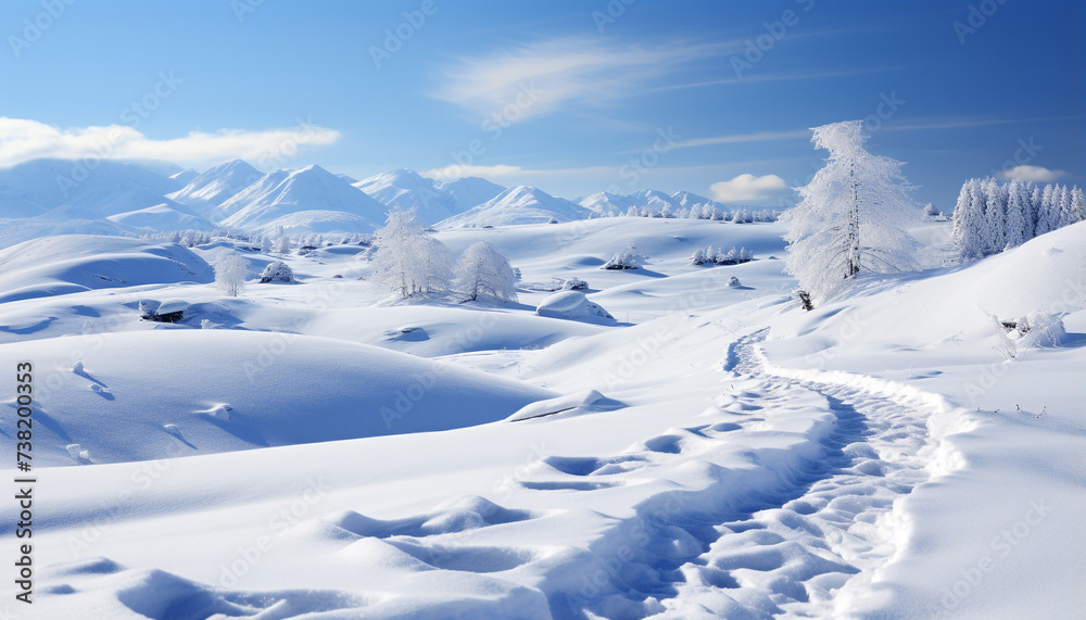 Winter landscape mountains, trees, and ski slopes covered in snow generated by AI