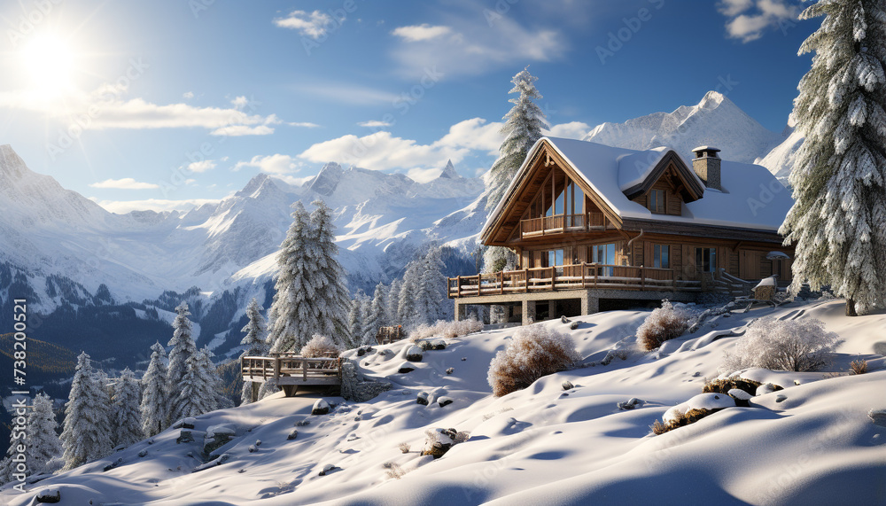 Winter landscape snowy mountains, tranquil forest, cozy cottage, blue sky generated by AI