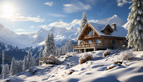 Winter landscape snowy mountains, tranquil forest, cozy cottage, blue sky generated by AI
