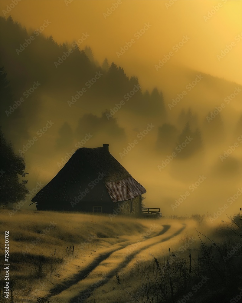 hazy landscape barn fence foreground cabin yellow location old house night ground covered