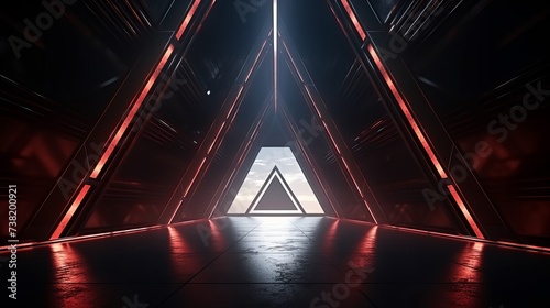 Fototapeta Naklejka Na Ścianę i Meble -  3d rendering of dark abstract sci-fi tunnel, Futuristic triangle spaceship corridor