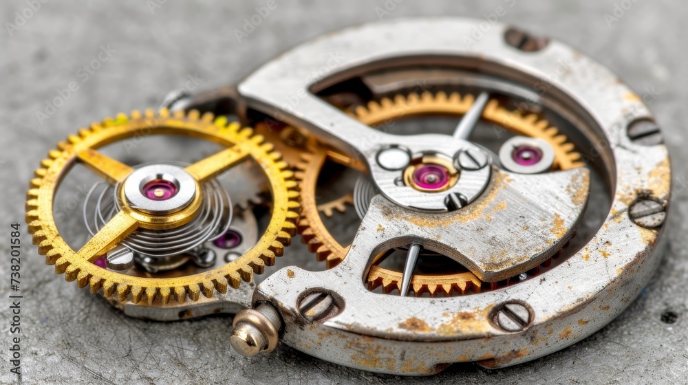 Detailed close up macro shot of watch mechanism showing intricate gears and components