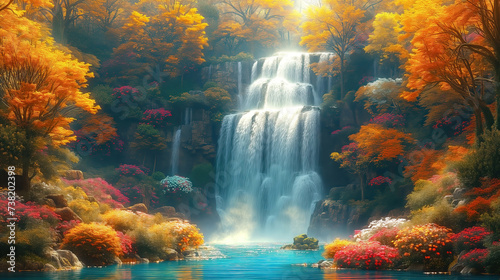 Fantasy waterfall with autumn trees and beautiful flowers  idyllic landscape