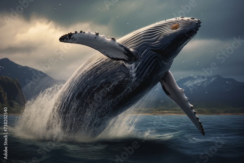 Closeup of a big blue whale fish jumping out of the water and splashing water photo