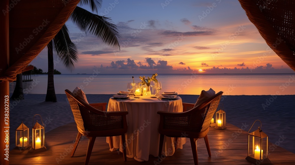 A Table Set up for a romantic meal on the beach with lanterns and chairs and flowers with palms and sky and sea in the background - obrazy, fototapety, plakaty 
