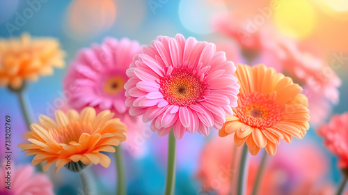 Flowers background  multi-colored gerbera flowersr  delicate and romantic floral background