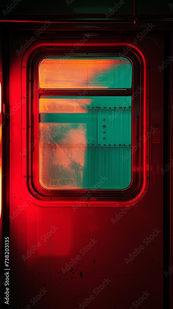 a window on a train, in the style of light red and light emerald