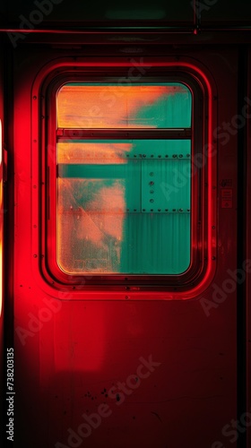 a window on a train, in the style of light red and light emerald