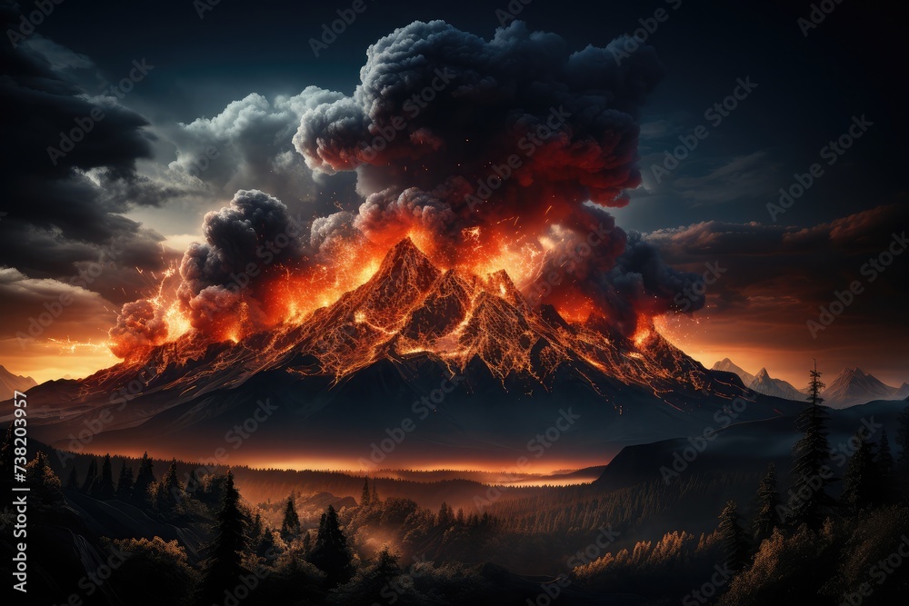 Volcano in natural grandeur, power and beauty erupting lava against the dark night sky