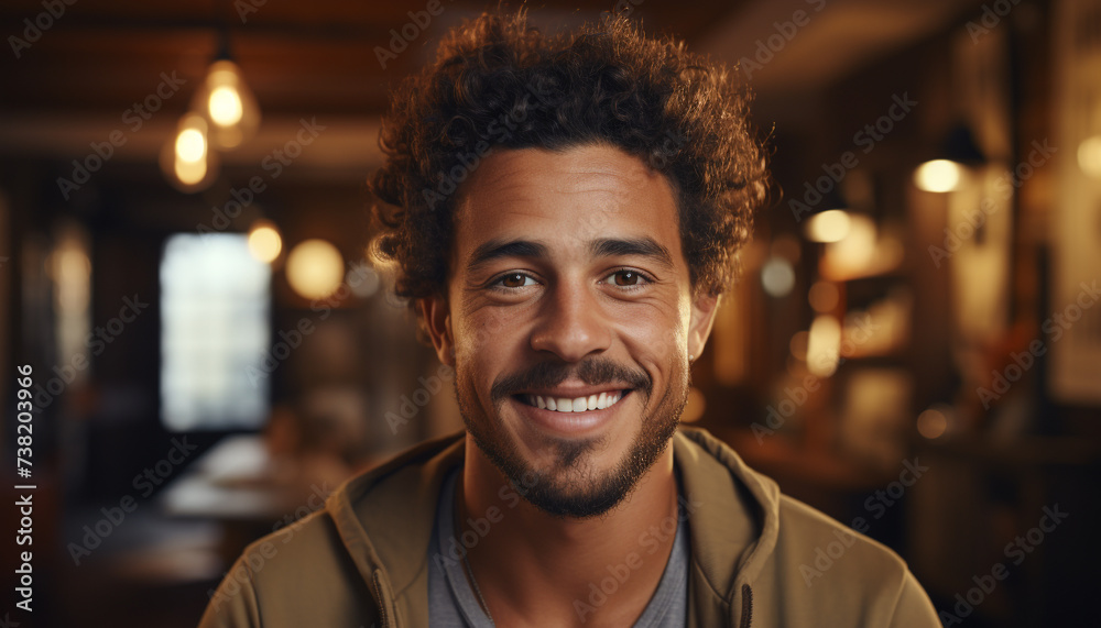 A cheerful young man with a toothy smile, indoors at work generated by AI A cheerful young man with a toothy smile, indoors at work generated by AI