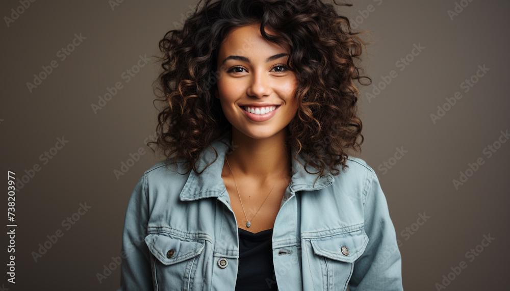 One beautiful woman standing, smiling, looking at camera confidently generated by AI One beautiful woman standing, smiling, looking at camera confidently generated by AI