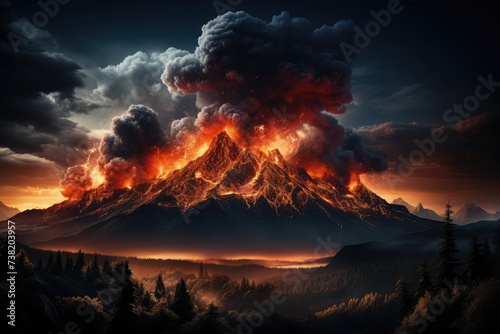 Volcano in natural grandeur  power and beauty erupting lava against the dark night sky