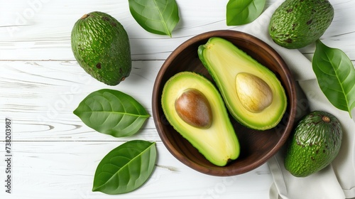 avocado in Bowl and green leaves on white wooden background. generative ai
