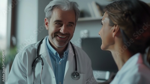 doctor smiling with old female patient in hospital. generative ai